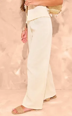 Beige Cheesecloth Elastic Waist Wide Leg Pants