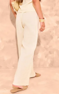 Beige Cheesecloth Elastic Waist Wide Leg Pants