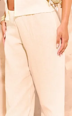 Beige Cheesecloth Elastic Waist Wide Leg Pants