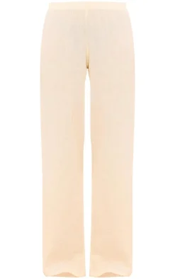 Beige Cheesecloth Elastic Waist Wide Leg Pants