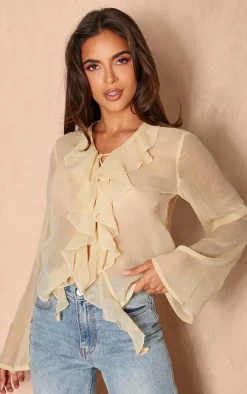 Beige Chiffon Ruffle Lace Up Front Shirt