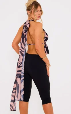 Beige Chiffon Zebra Plunge Backless Long Top
