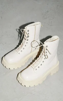 Beige Chunky Square Toe Lace Up Combat Biker Boots