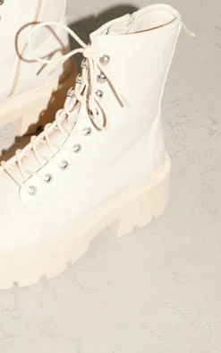 Beige Chunky Square Toe Lace Up Combat Biker Boots