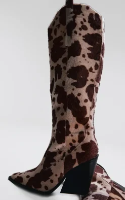 Beige Contrast Cow Print Point Toe Heeled Westerns Knee Boots