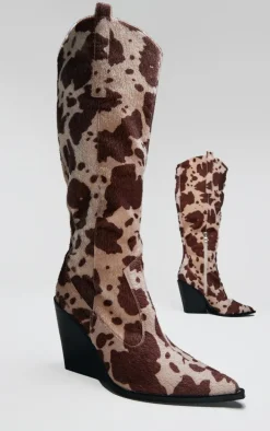 Beige Contrast Cow Print Point Toe Heeled Westerns Knee Boots