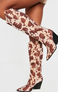 Beige Contrast Cow Print Point Toe Heeled Westerns Knee Boots