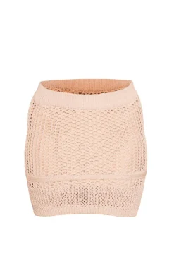 Beige Contrast Crochet Knit Mini Skirt