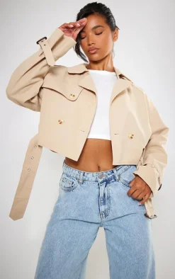 Beige Cropped Belted Hem Trench Coat