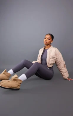 Beige Cropped Ruched Sleeve Utility Pocket Bomber Jacket