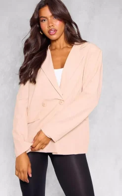 Beige Double Breasted Oversized Longline Blazer