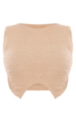 Beige Eyelash Knit Dipped Hem Top