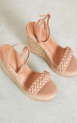 Beige Faux Leather Plaited Strap Espadrille Wedges