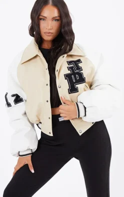 Beige Faux Leather Raglan Sleeve Cropped Varsity Bomber Jacket