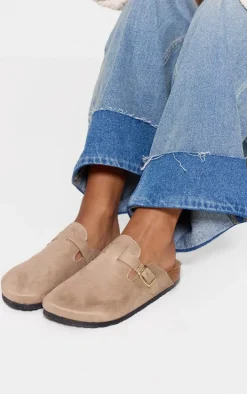 Beige Faux Suede Buckled Mule Cloggs