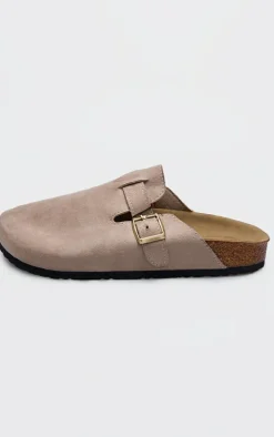 Beige Faux Suede Buckled Mule Cloggs