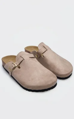Beige Faux Suede Buckled Mule Cloggs