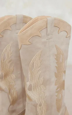Beige Faux Suede Embroidered Detail Wide Fit Western Calf Boots