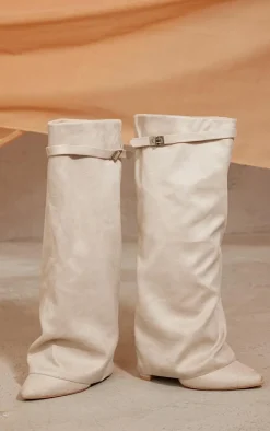 Beige Faux Suede Point Toe Fold Over High Heeled Knee High Boots