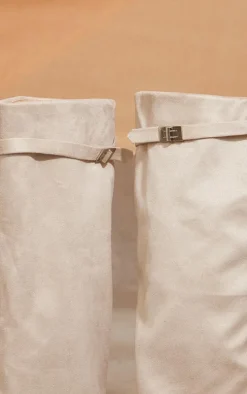 Beige Faux Suede Point Toe Fold Over High Heeled Knee High Boots