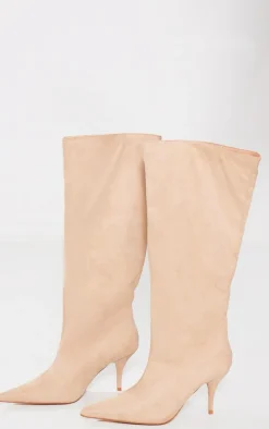 Beige Faux Suede Point Toe Low Heeled Knee High Boots