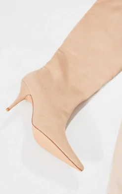 Beige Faux Suede Point Toe Low Heeled Knee High Boots