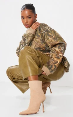 Beige Faux Suede Point Toe Heeled Ankle Boots