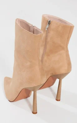 Beige Faux Suede Point Toe Heeled Ankle Boots