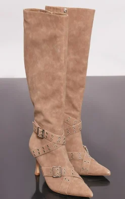 Beige Faux Suede Point Toe Buckle Strap Knee High Heeled Boots