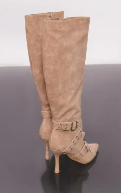 Beige Faux Suede Point Toe Buckle Strap Knee High Heeled Boots