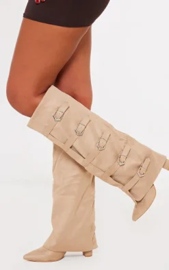 Beige Faux Suede Point Toe Multi Buckle Knee High Block Heel Boots