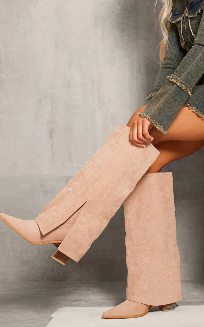 Beige Faux Suede Point Toe Fold Over Split Hem Knee High Western Boots
