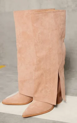 Beige Faux Suede Point Toe Fold Over Split Hem Knee High Western Boots