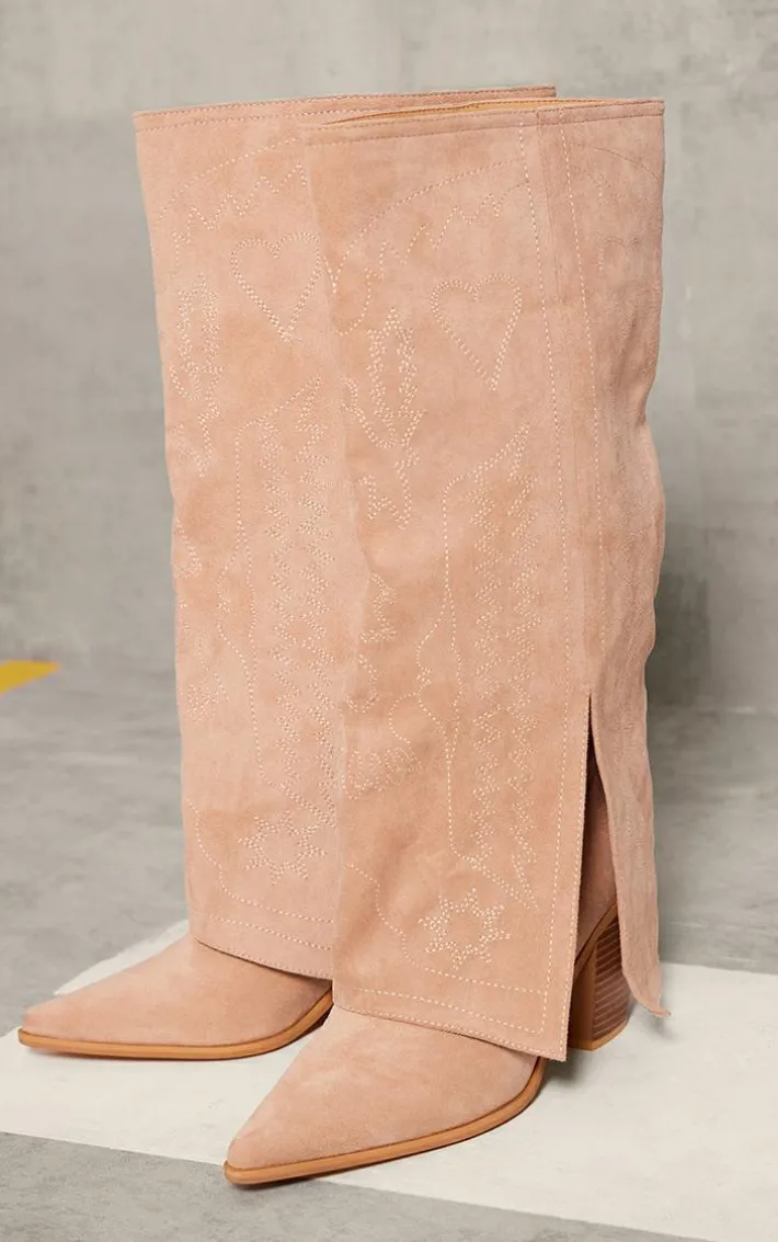 Beige Faux Suede Point Toe Fold Over Split Hem Knee High Western Boots