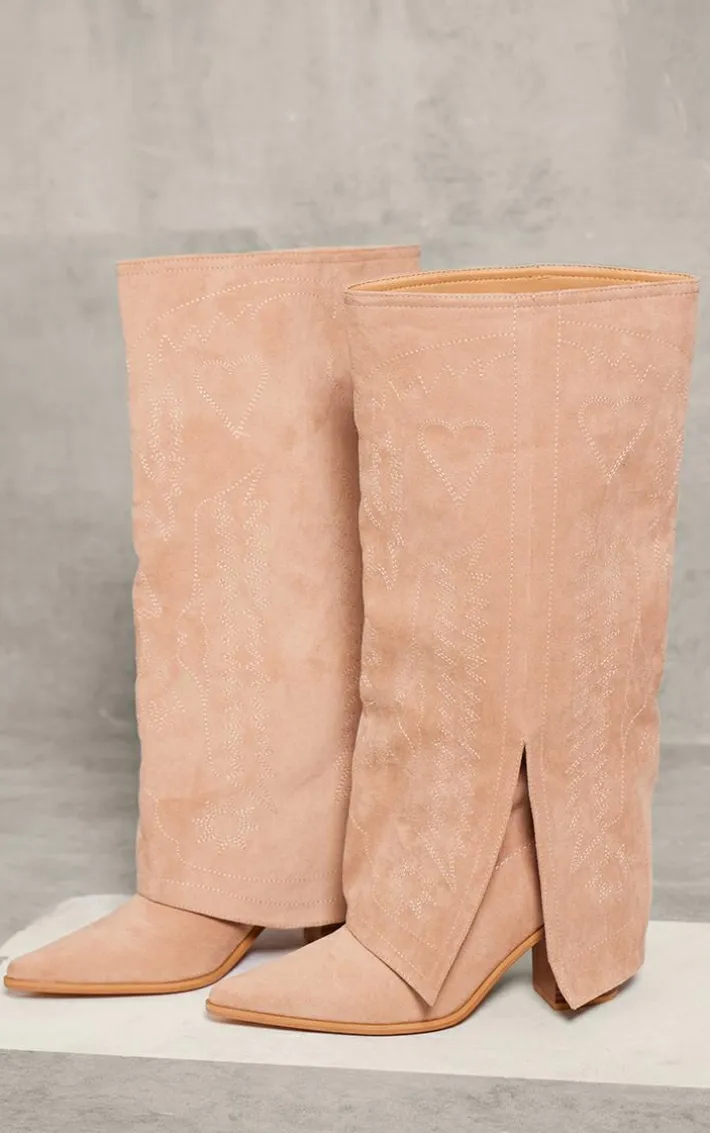 Beige Faux Suede Point Toe Fold Over Split Hem Knee High Western Boots
