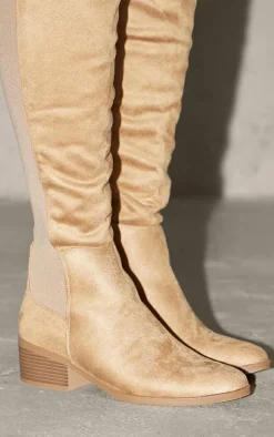 Beige Faux Suede Point Toe Low Block Heeled Knee High Boots