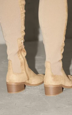 Beige Faux Suede Point Toe Low Block Heeled Knee High Boots