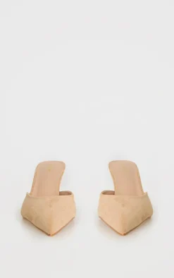 Beige Faux Suede Point Toe Mid Stiletto Heeled Mules