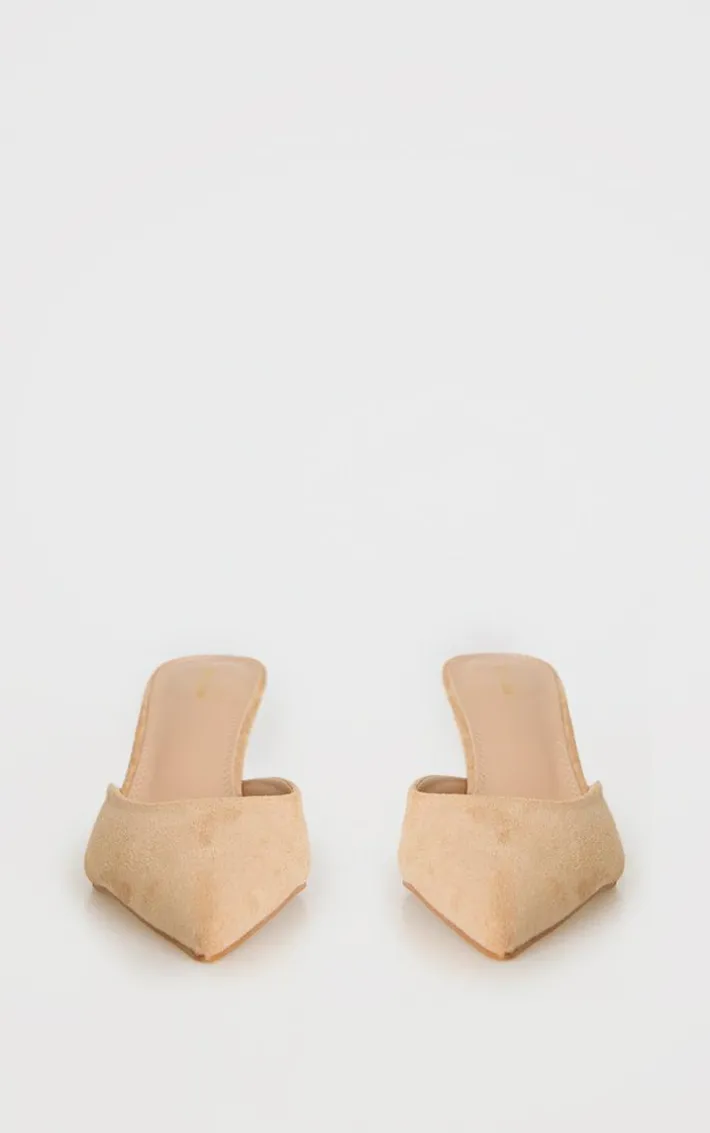 Beige Faux Suede Point Toe Mid Stiletto Heeled Mules