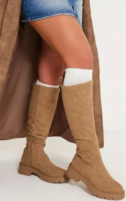 Beige Faux Suede Round Toe Chunky Platform Knee High Boots