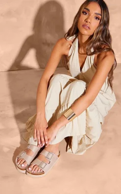 Beige Faux Suede Round To Buckle Chunky Sole Slides