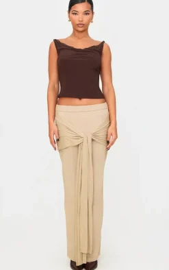 Beige Fine Knit Drape Tie Maxi Skirt