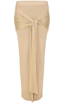Beige Fine Knit Drape Tie Maxi Skirt