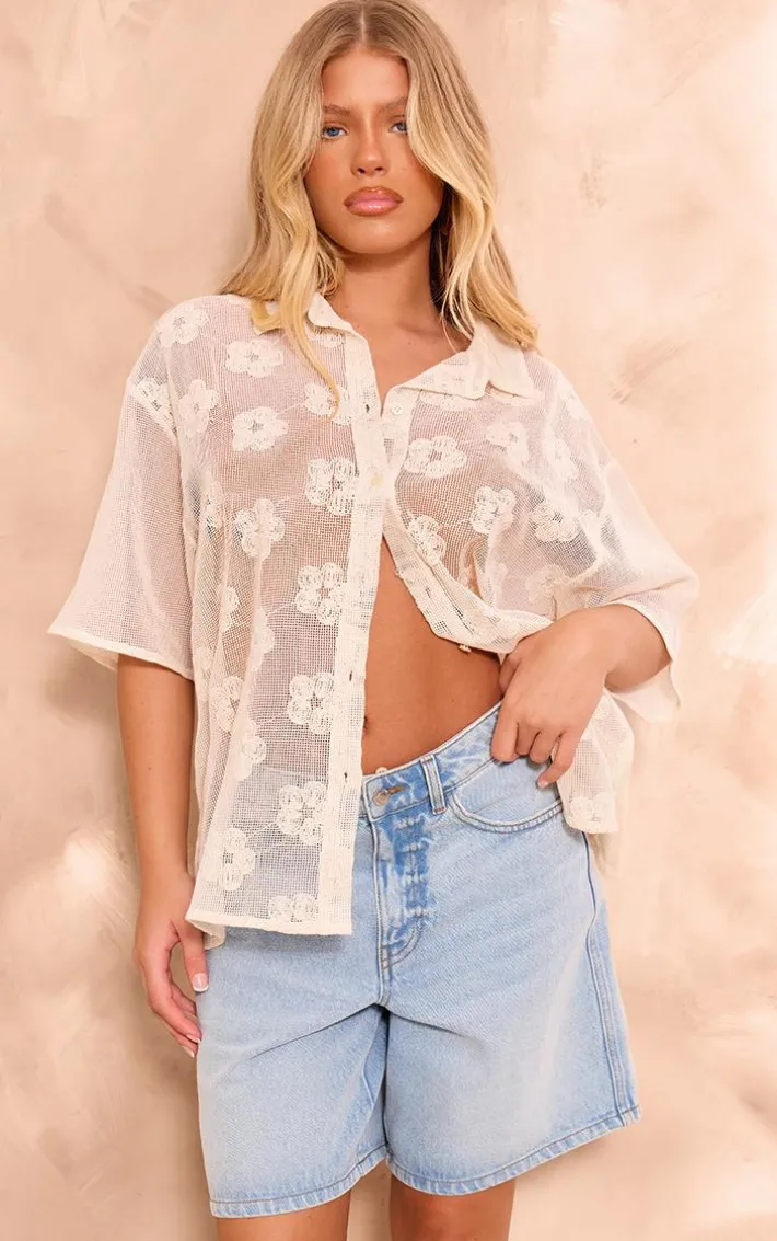 Beige Flower Embroidered Oversized Fit Shirt