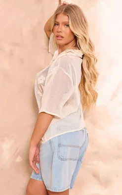 Beige Flower Embroidered Oversized Fit Shirt