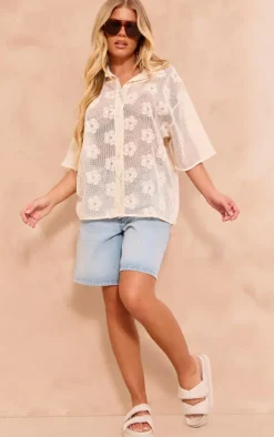 Beige Flower Embroidered Oversized Fit Shirt