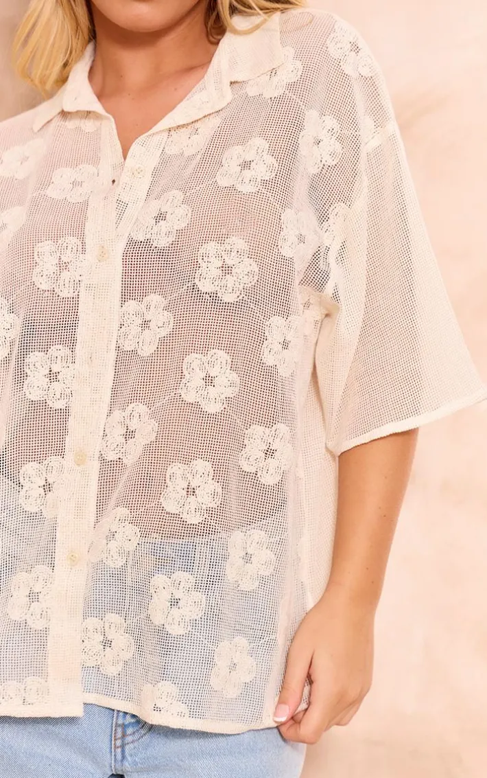 Beige Flower Embroidered Oversized Fit Shirt