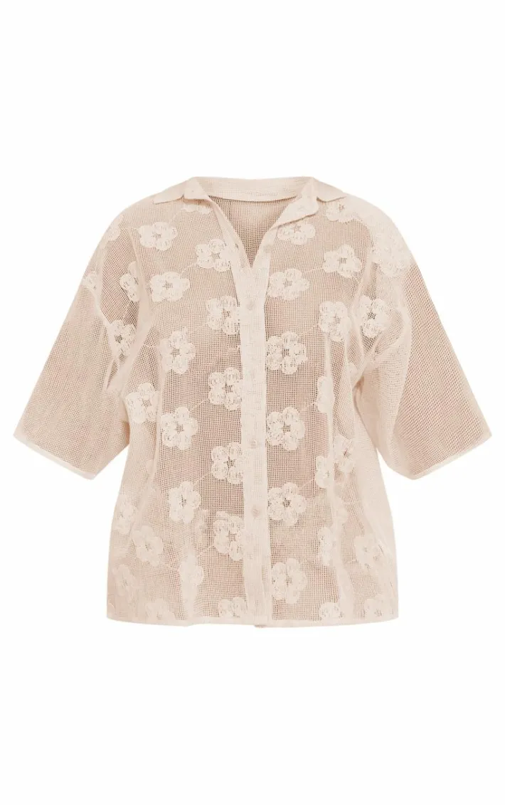 Beige Flower Embroidered Oversized Fit Shirt