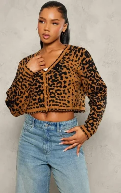 Beige Knit Jacquard Leopard Cropped Cardigan
