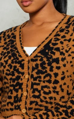 Beige Knit Jacquard Leopard Cropped Cardigan